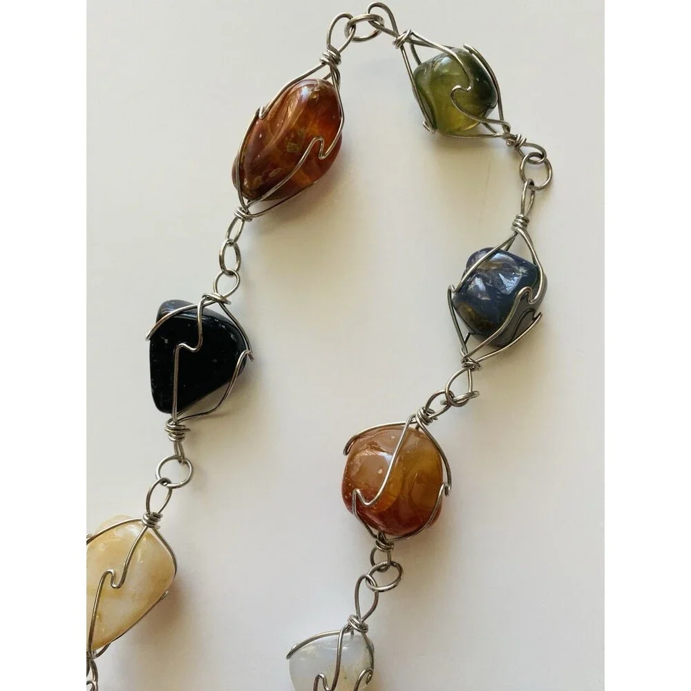 Vintage 33 Inch Artisan Wire-Wrapped Gemstone Cage Necklace Boho Festival Earthy